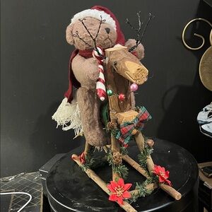 Festive Teddy Bear on Wooden Reindeer Decor